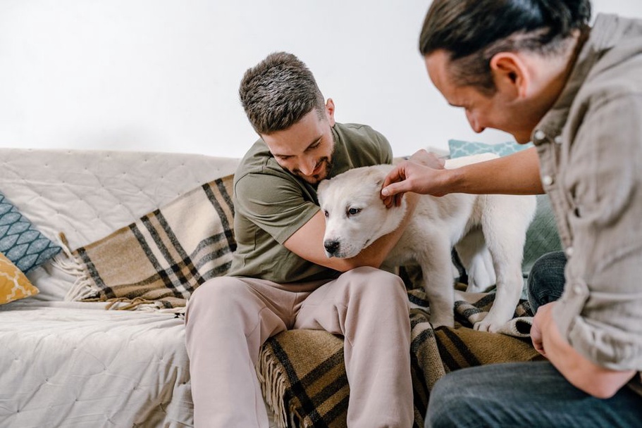 Une famille heureuse avec leur chien adopté